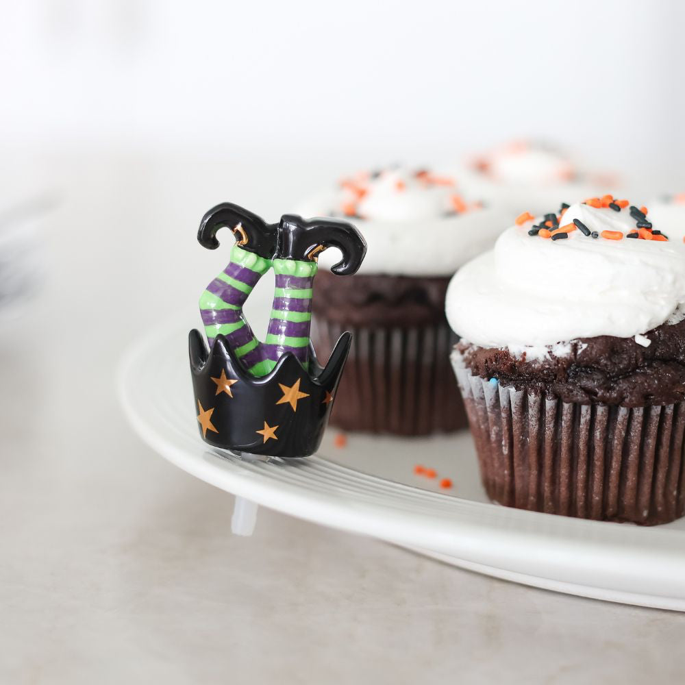 witches feet mini with halloween cupcakes on a round platter