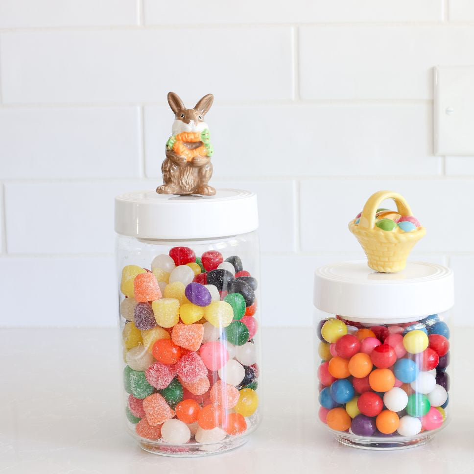 candy containers and bunny with carrots and easter basket and carrots