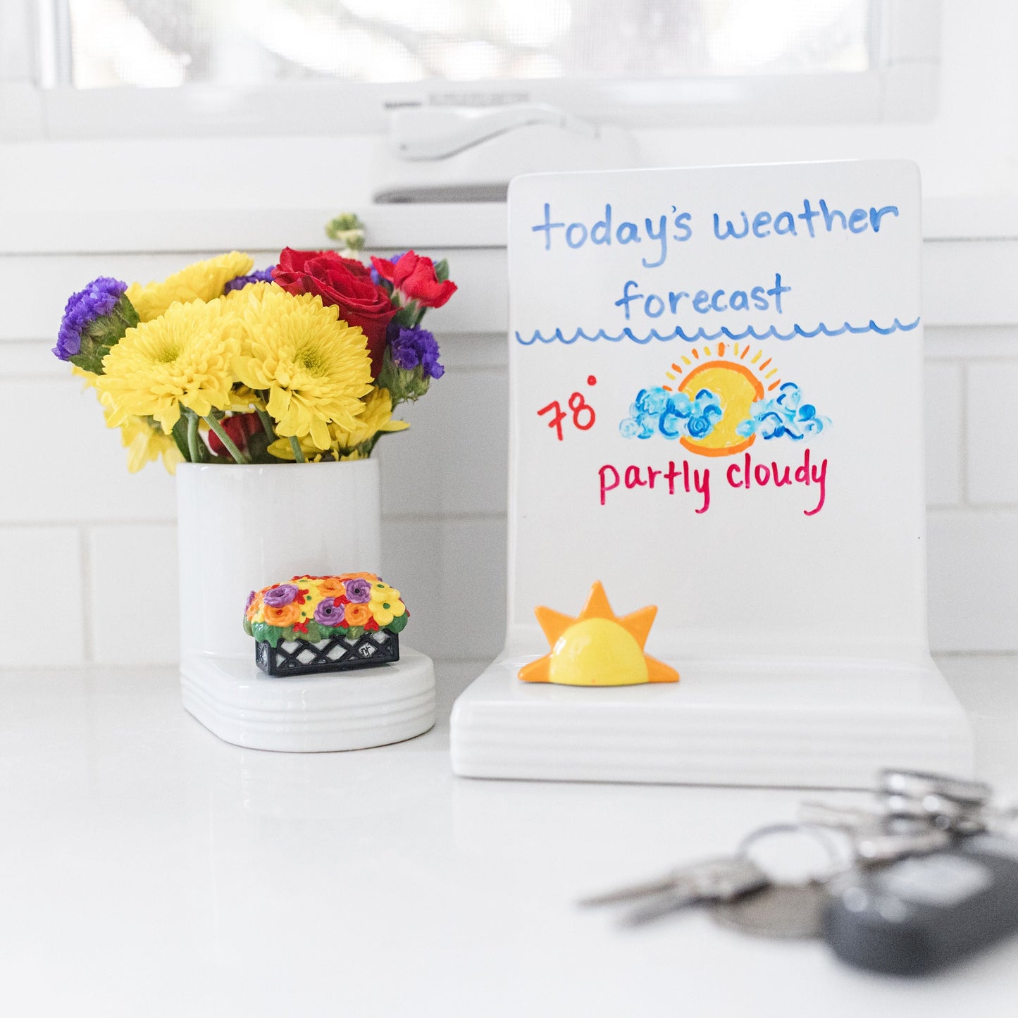 flower box and sunshine with a message board and flower container
