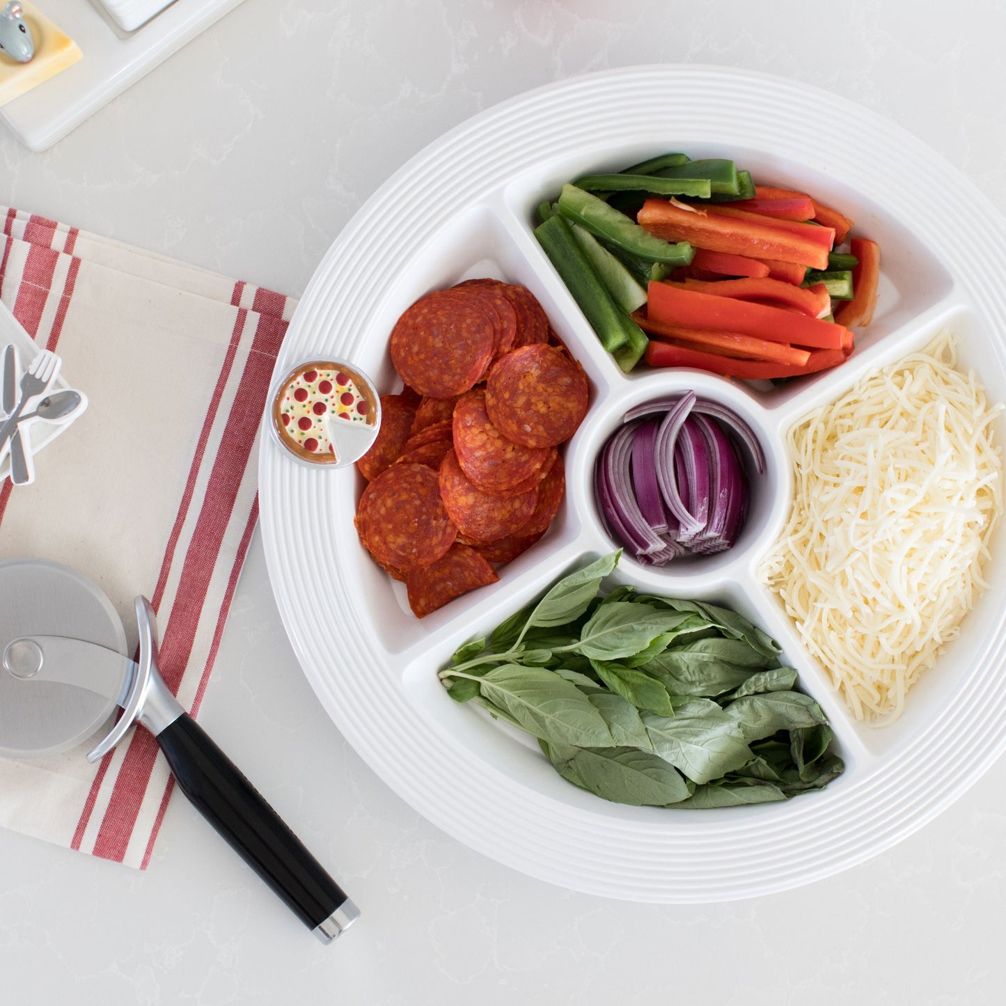 pizza mini on a pinstripes melamine divided dish