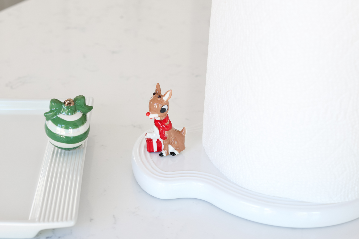 pinstripes melamine paper towel holder with our Rudolph the Red-Nosed Reindeer mini and the green deck the halls ornament mini