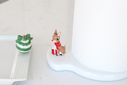 pinstripes melamine paper towel holder with our Rudolph the Red-Nosed Reindeer mini and the green deck the halls ornament mini