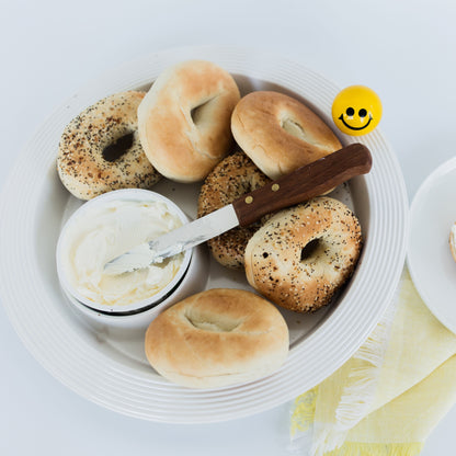 pinstripes chip and dip platter with bagels and cream cheese and happy face mini