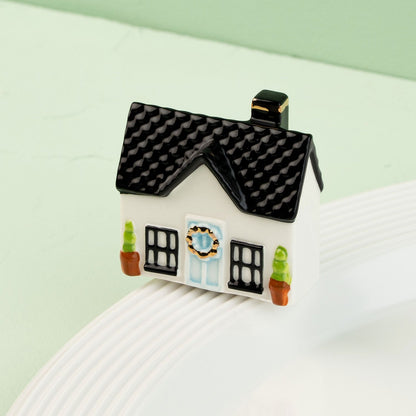 house mini with a green door and black roof on a white surface with a light green background